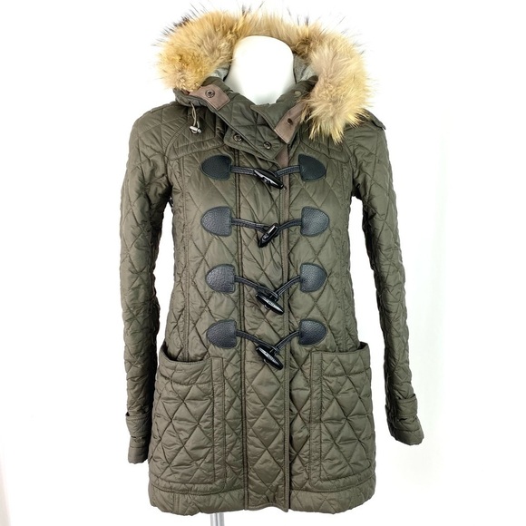 BURBERRY BRIT QUILTED TOGGLE LANSDOWNE COAT W/FUR HOOD XS - Picture 7 of 12